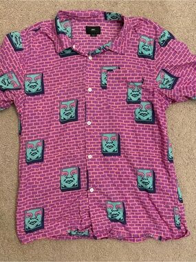 Obey Purple & Teal Brick-Print Short Sleeve Button-Up